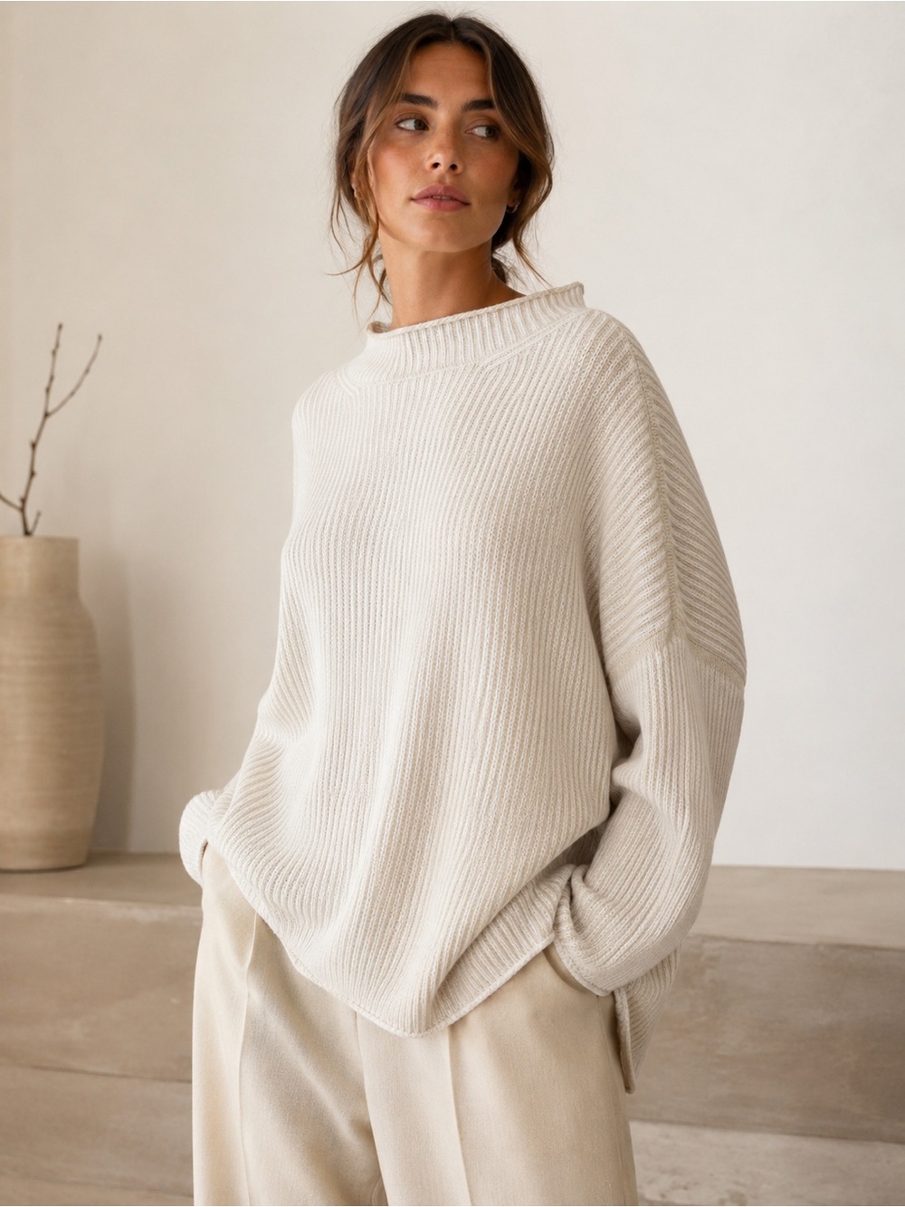 Lauren Manoogian Oversized Rib Knit Sweater Cream Pima Cotton Size 2